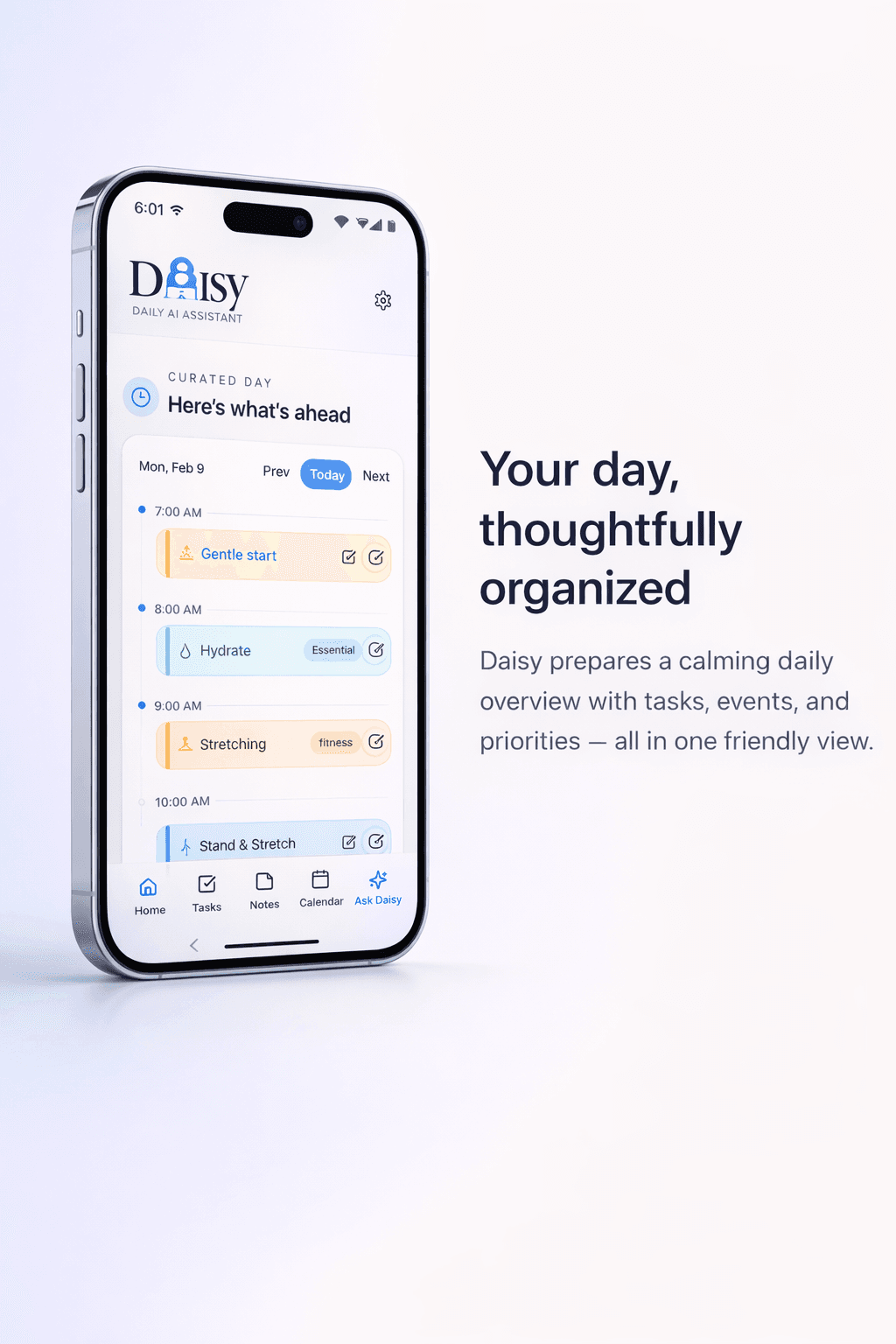 Daisy app preview with curated day timeline and supporting message